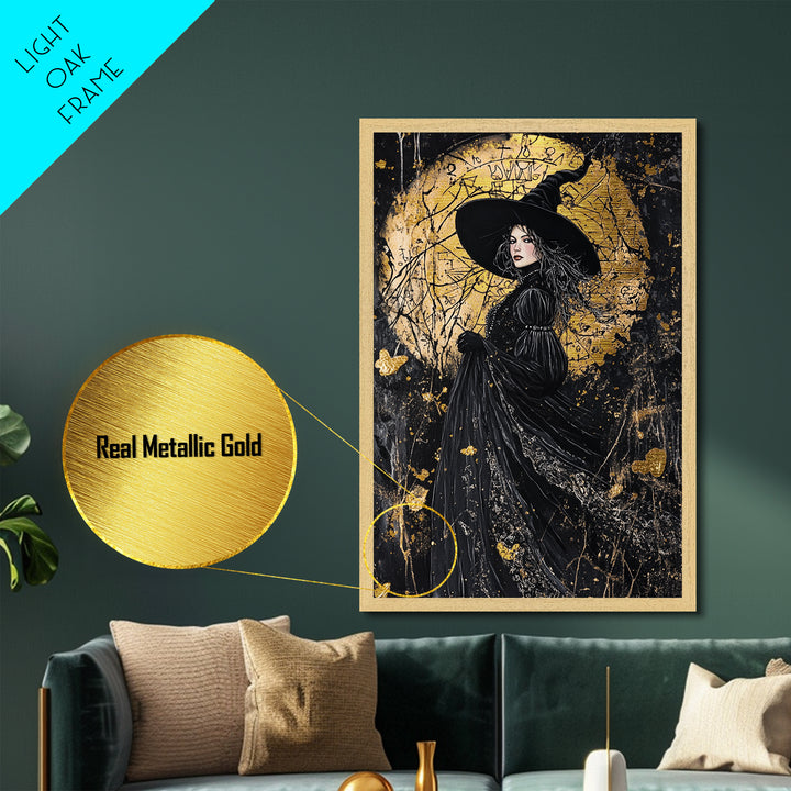 Occult Witch Portrait Metallic Gold Art with Spells, Gothic Sorcery Metal Art Framed in Natural Wood, Spooky Halloween Decor