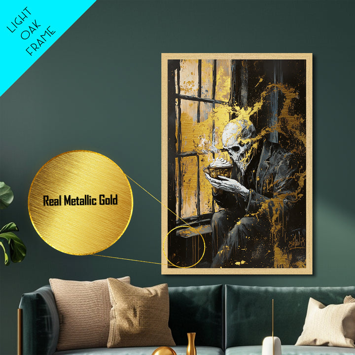 Haunted Skeleton by the Window Metallic Gold Art, Creepy Gothic Metal Art with Steam Cup Framed in Real Wood for Halloween