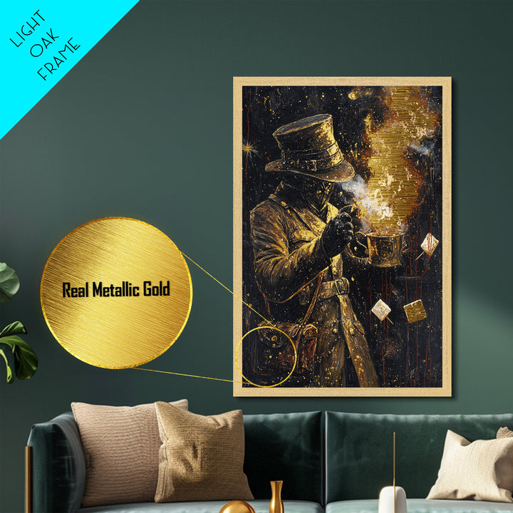 Haunted Gentleman with Fire Metallic Gold Art, Spooky Metal Art Painting, Gothic Horror Wall Decor Framed in Wood