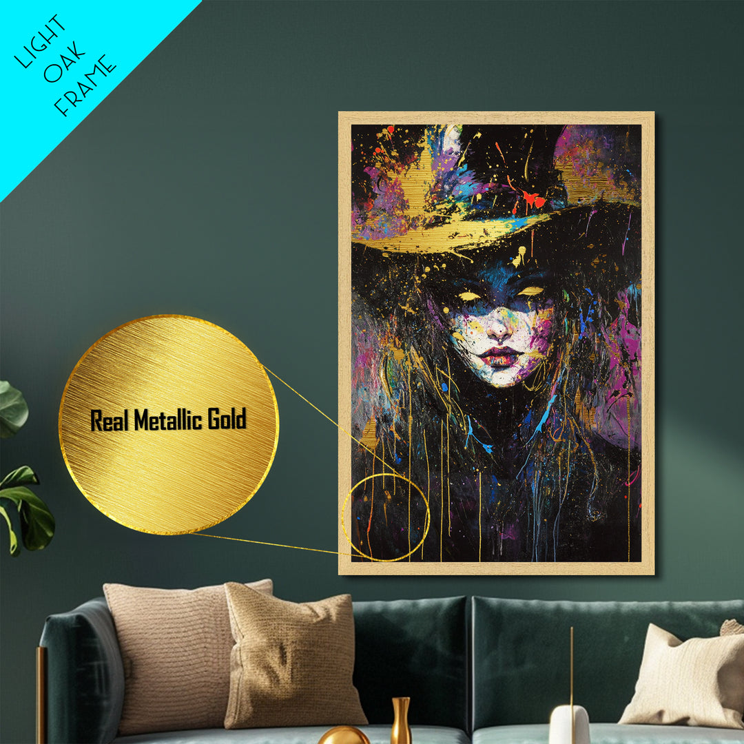 Colorful Witch Face Metallic Gold Art with Neon Splatter, Gothic Spooky Season Metal Art in a Real Wood Frame Halloween Print