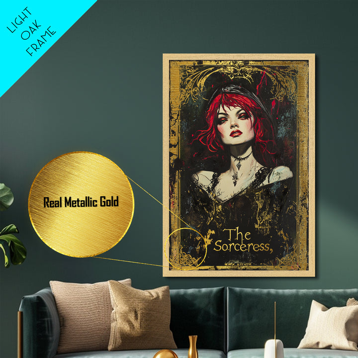 The Sorceress Gothic Portrait Metallic Gold Art, Dark Witchy Halloween Metal Art Framed in Natural Wood, Creepy Spooky Decor