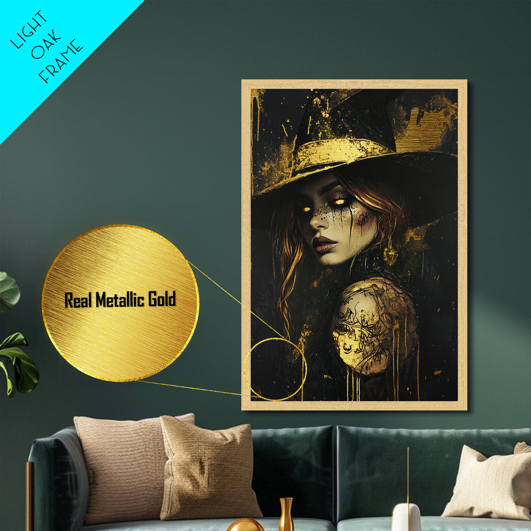 Mystic Witch Portrait Metallic Gold Art with Moon, Gothic Occult Halloween Metal Art in a Real Wood Frame, Spooky Wall Decor