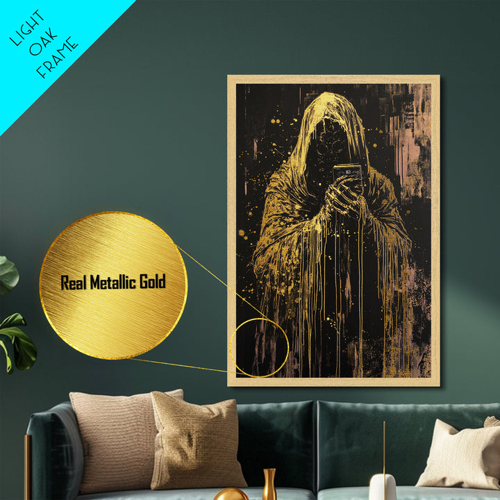 Grim Reaper with Cassette Metallic Gold Art, Haunted Spooky Horror Metal Art on Black Canvas with Real Wood Frame Halloween