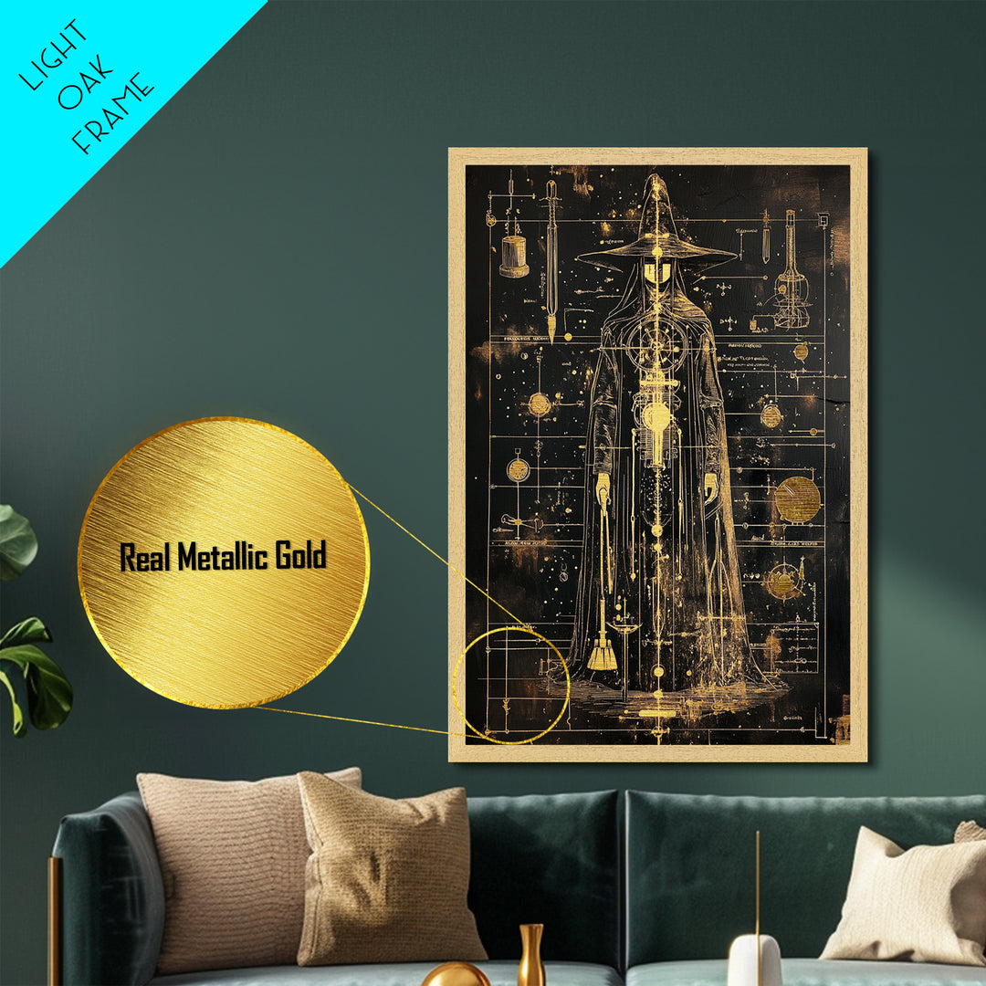 Alchemist Witch Schematic Metallic Gold Art, Gothic Occult Halloween Metal Art Framed in Natural Wood, Spooky Season Decor