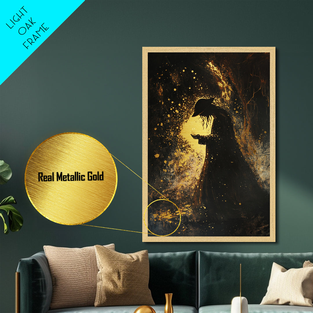Spooky Gothic Metallic Gold Art Metal Art Skull Portrait – Halloween Horror Wall Hanging with Framed Natural Wood