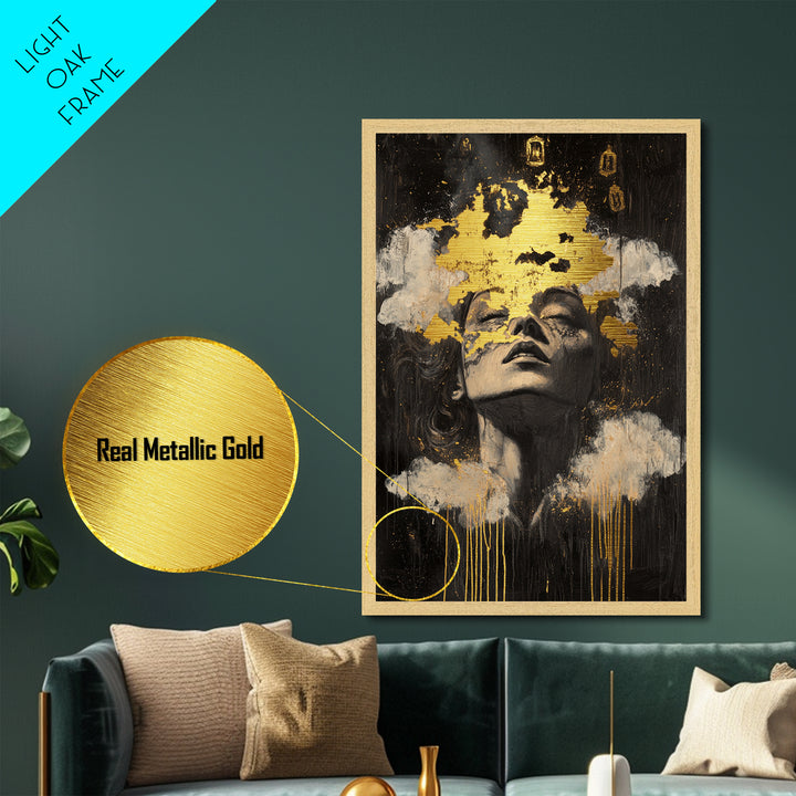 Haunted Dreams Metallic Gold Art, Gothic Spooky Season Metal Art Wall Décor, framed in natural real wood for Halloween