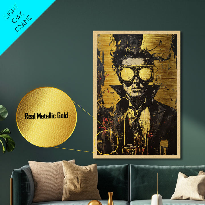 Creepy Steampunk Metallic Gold Art Metal Art Vampire Portrait – Halloween Gothic Decor Framed in Real Wood
