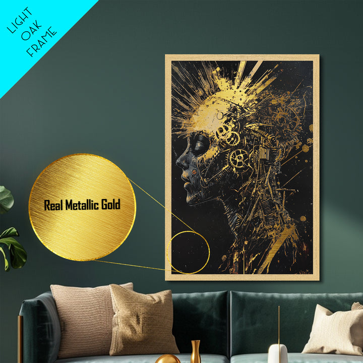 Metallic Gold Art Metal Art Mechanical Skull – Spooky Halloween Horror Wall Print with Dark Gothic Real Wood Frame