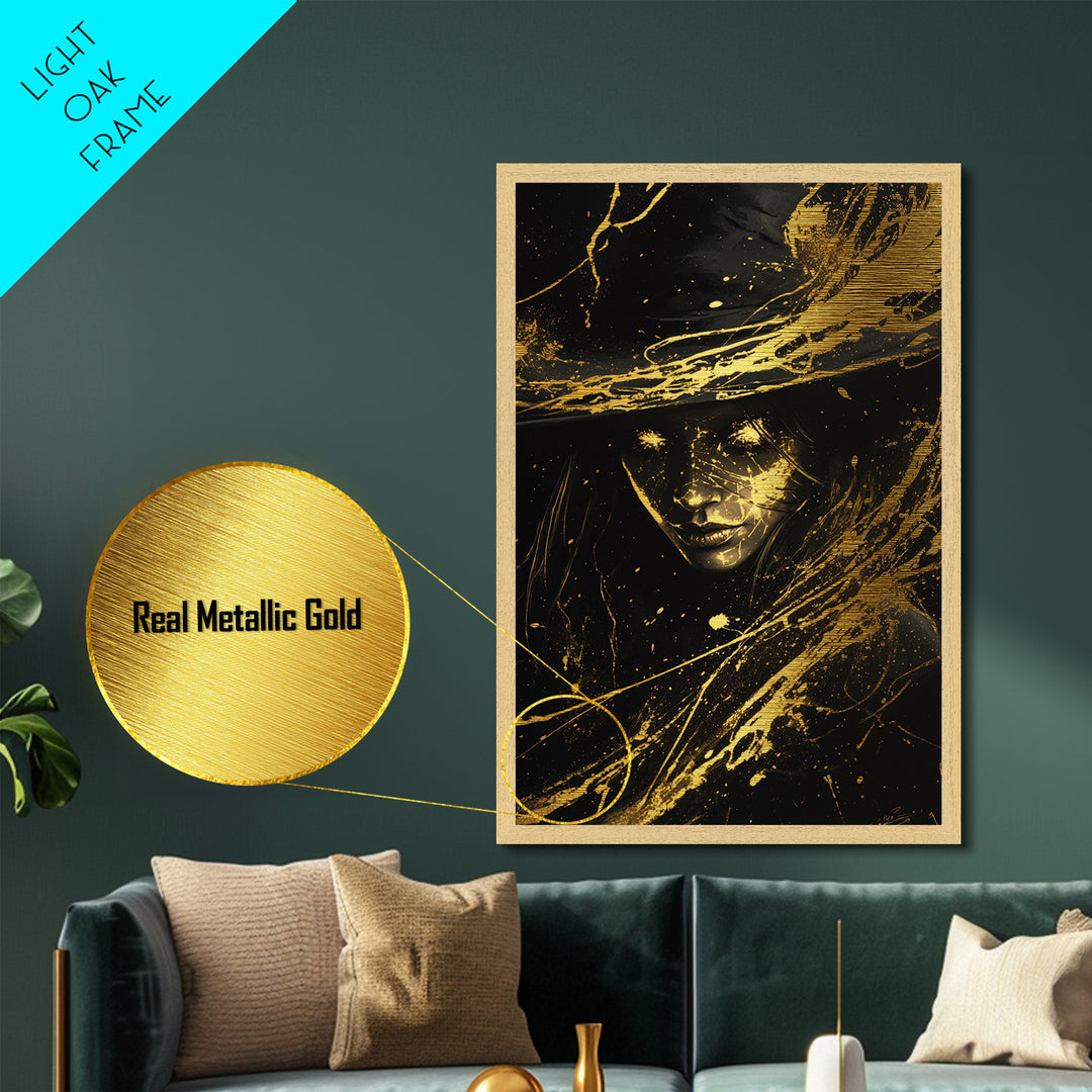 Halloween Witch Metallic Gold Art Metal Art Wall Hanging – Spooky Season Decor Framed in Rustic Real Wood