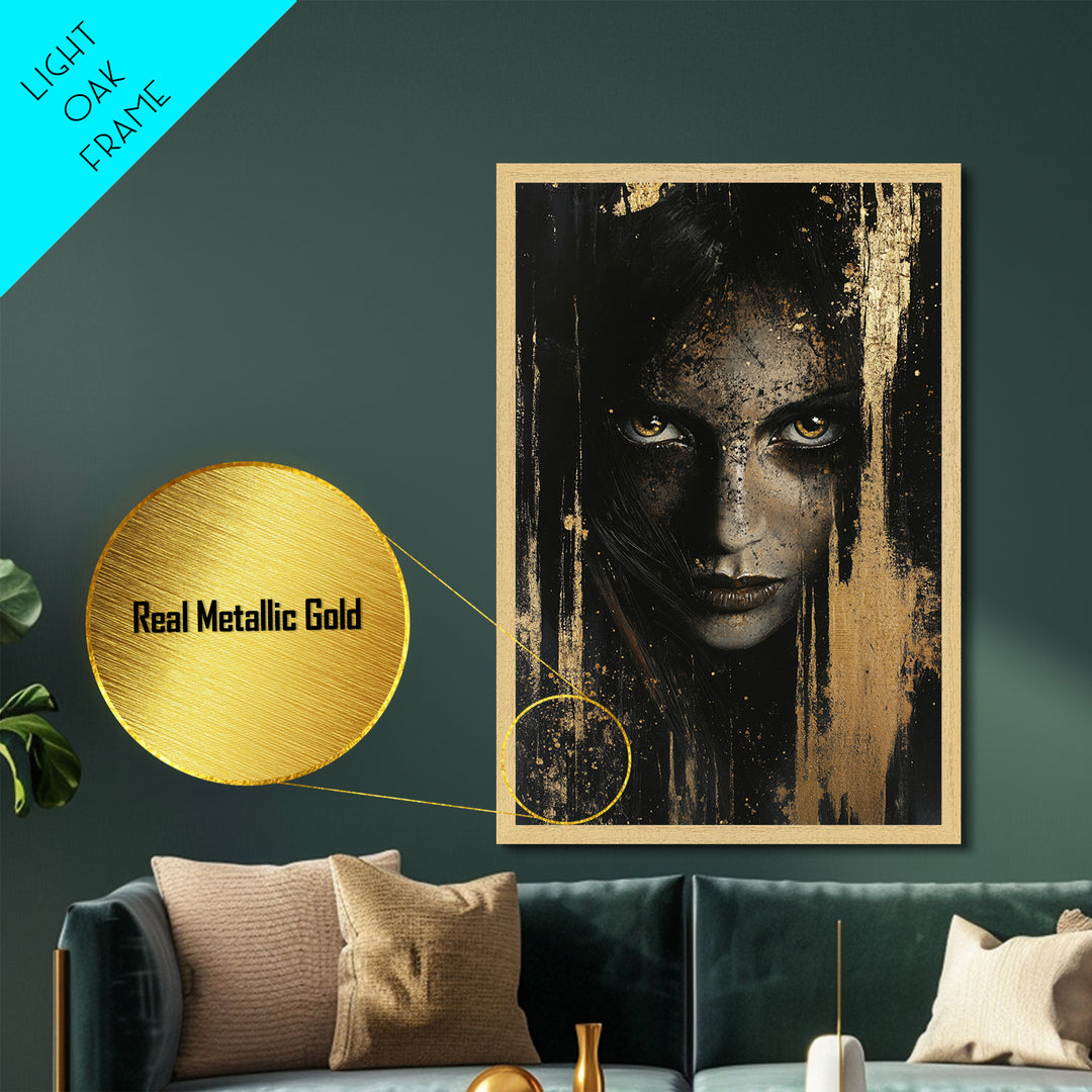 Metal Art Metallic Gold Art Haunted Gothic Female Portrait – Spooky Season Horror Aesthetic with Real Wood Frame