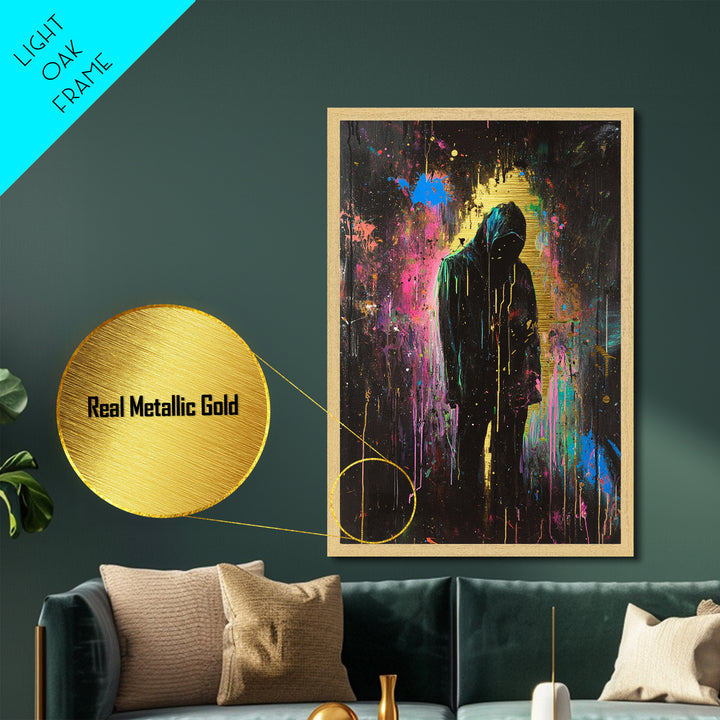 Dark Spooky Metallic Gold Art Metal Art Hooded Figure – Halloween Gothic Wall Print Framed with Natural Real Wood