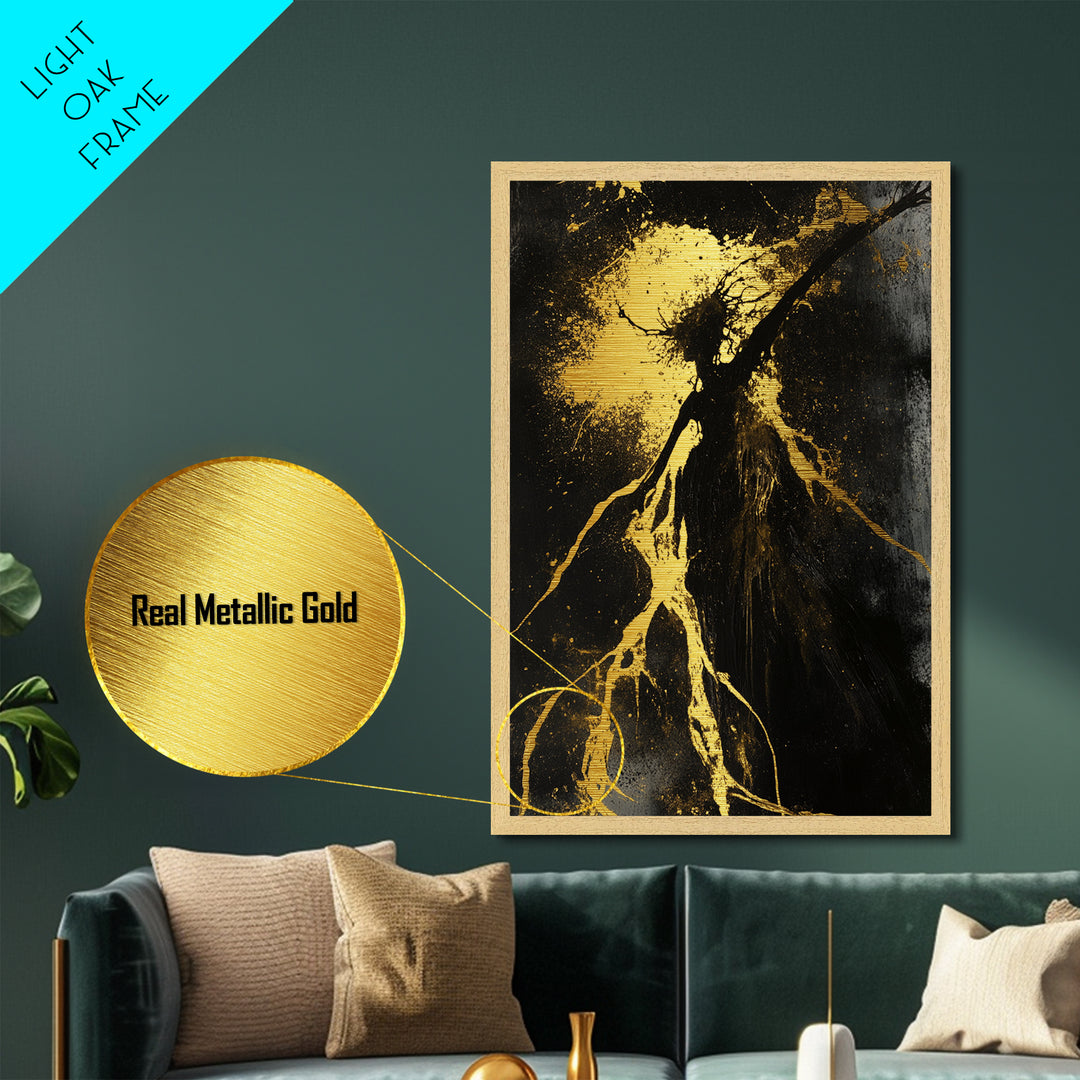 Metallic Gold Art Metal Art Haunted Forest Creature Silhouette – Gothic Halloween Decor with Real Wood Framed Finish