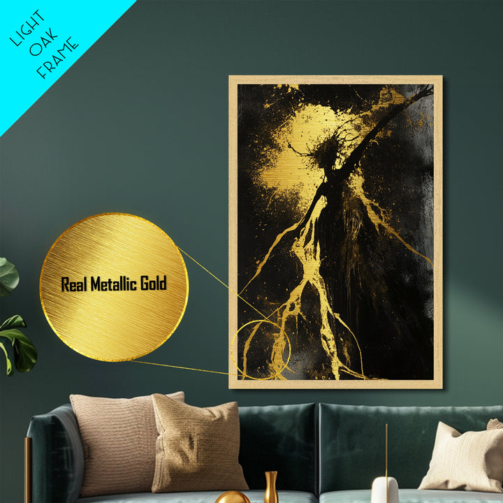 Metallic Gold Art Metal Art Haunted Forest Creature Silhouette – Gothic Halloween Decor with Real Wood Framed Finish