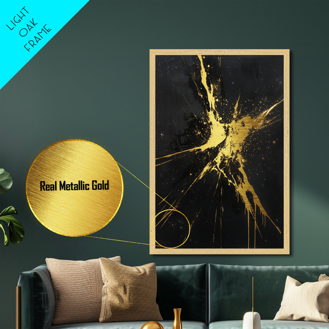 Metal Art Metallic Gold Halloween Wall Decor, Gothic Abstract Splatter Painting, Spooky Season Accent framed in real wood