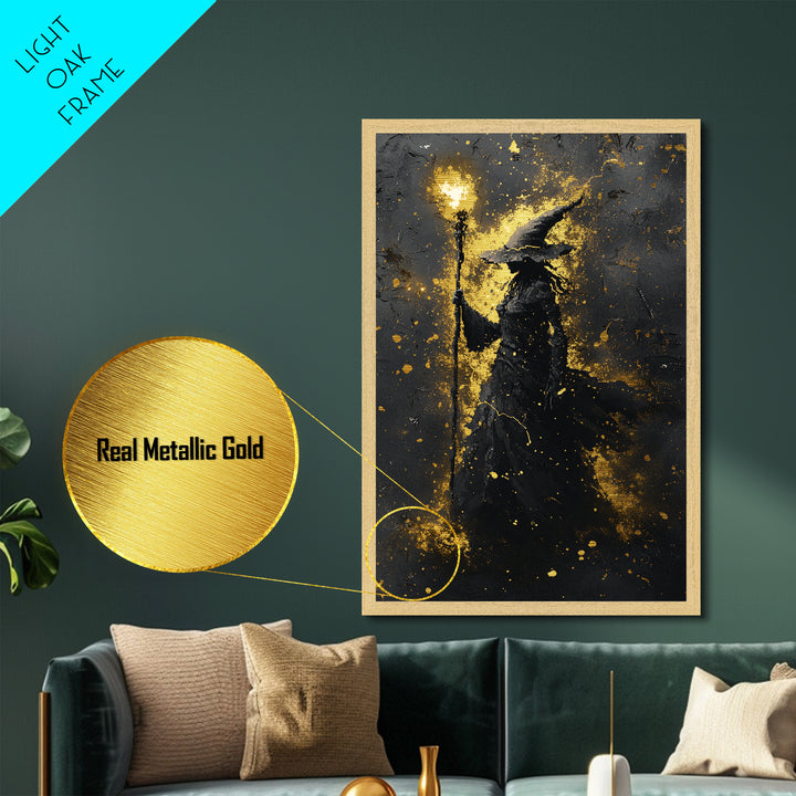 Witchy Gothic Decor Metallic Gold Art, Spooky Wizard Metal Art Wall Hanging, Halloween Home Style with natural wood frame