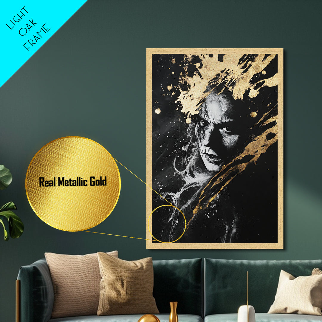 Haunted Portrait Halloween Metallic Gold Art, Gothic Horror Face Metal Art Print, Dark Wall Decor mounted in real wood frame