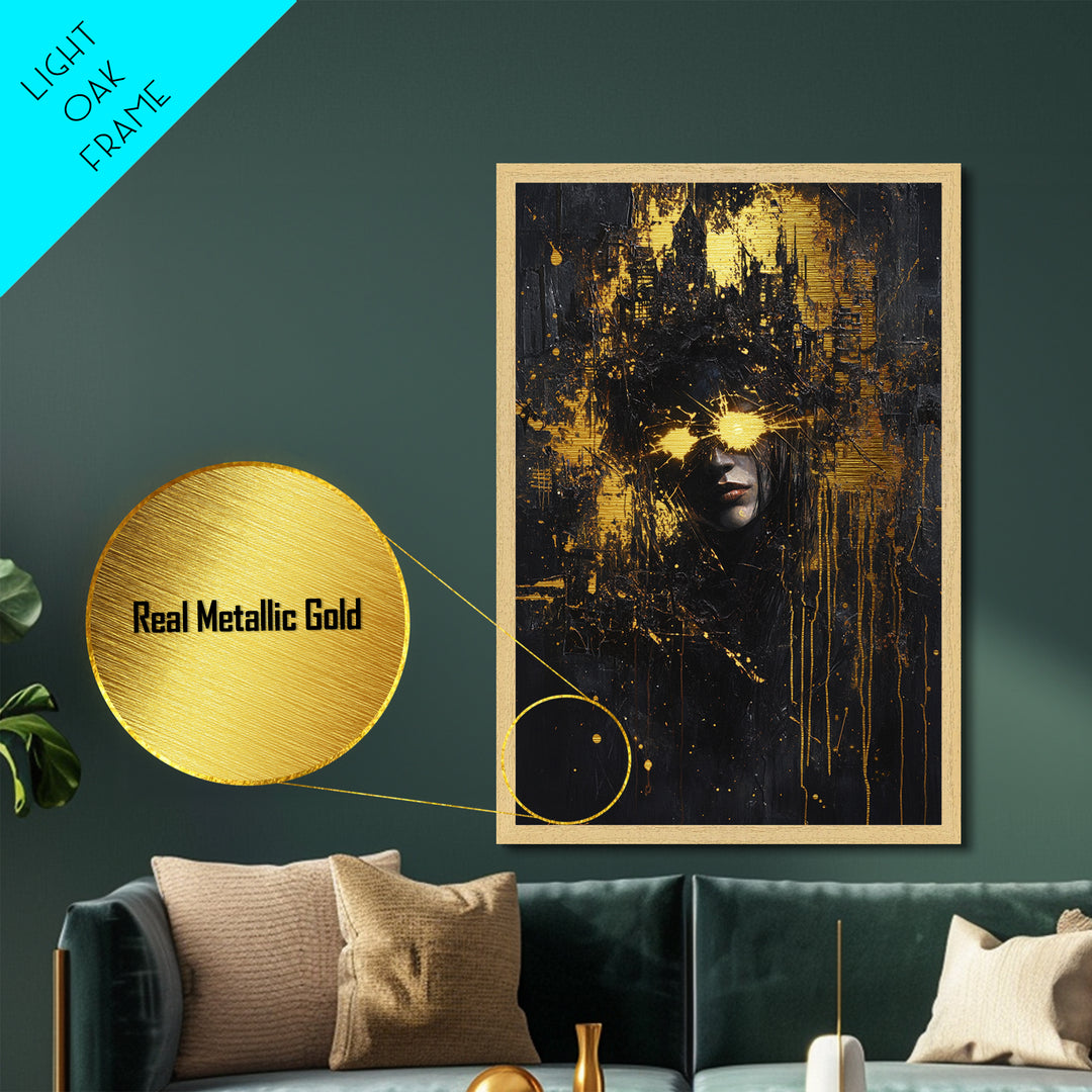 Glowing Eyes Dark Horror Portrait, Spooky Cityscape Metallic Gold Art, Creepy Season Metal Art with real wood frame
