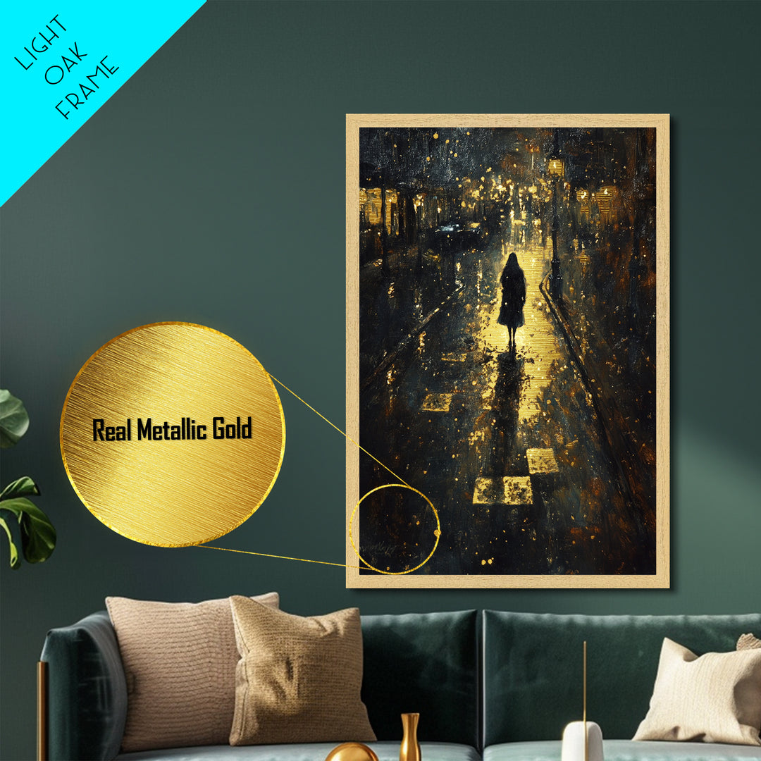 Spooky Night Street Scene Metallic Gold Art, Haunted City Metal Art Print, Gothic Halloween Wall Decor in rustic wood frame