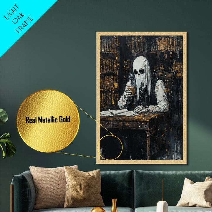 Gothic Librarian Metallic Gold Art, Creepy Masked Figure Metal Art Painting, Dark Halloween Home Decor framed with real wood