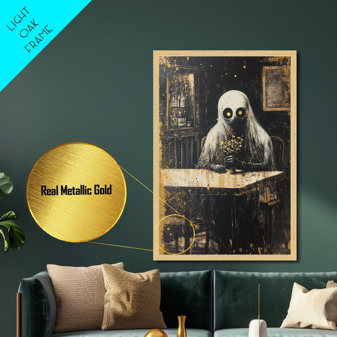 Haunted Cafe Metallic Gold Art, Spooky Ghost with Flowers Metal Art Print, Gothic Halloween Wall Hanging in wood frame display