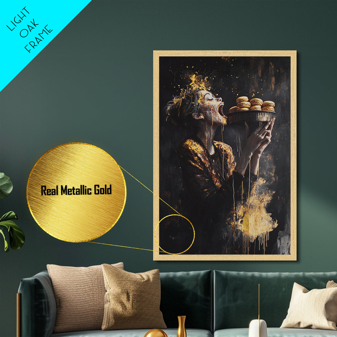 Horror Feast Metallic Gold Art, Spooky Gothic Woman Eating Macarons Metal Art Print, Halloween Wall Decor framed in real wood