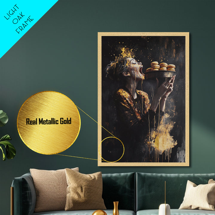 Horror Feast Metallic Gold Art, Spooky Gothic Woman Eating Macarons Metal Art Print, Halloween Wall Decor framed in real wood