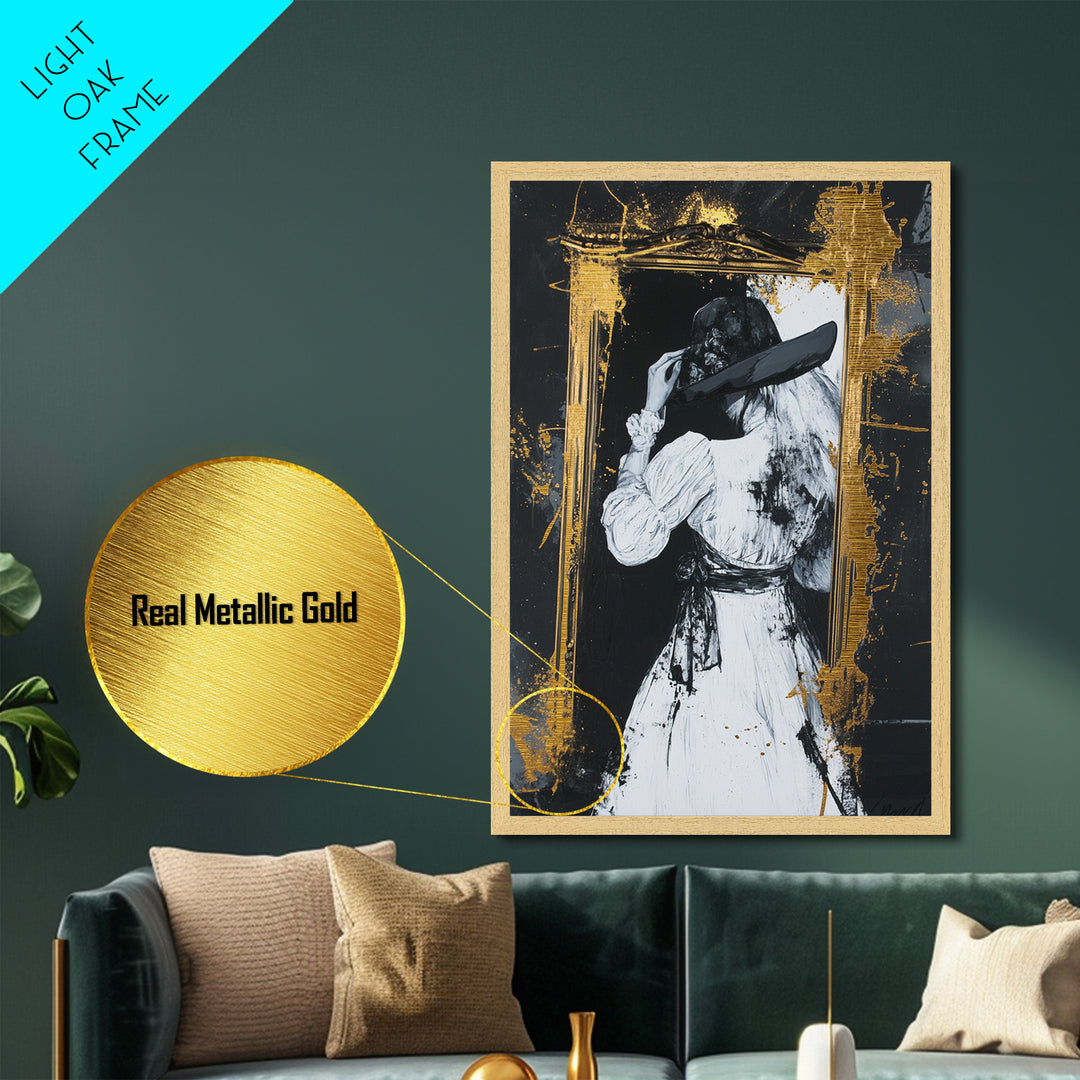 Witchy Gothic Lady Metallic Gold Art, Haunted Mirror Scene Metal Art Painting, Spooky Halloween Decor framed with wood detail