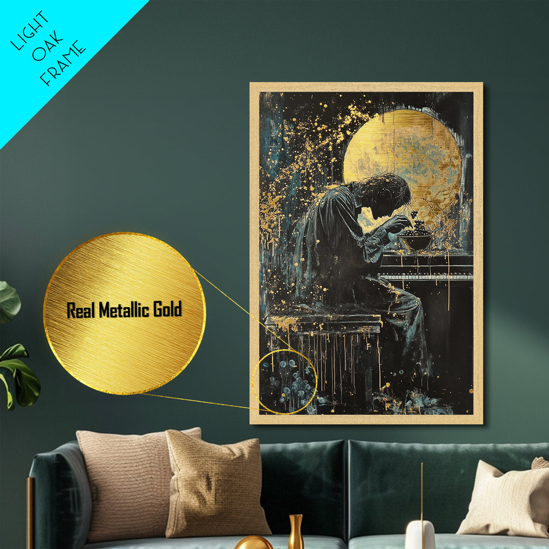 Creepy Pianist Metallic Gold Art, Gothic Moonlight Horror Metal Art Print, Haunted Halloween Wall Decor in real wood frame