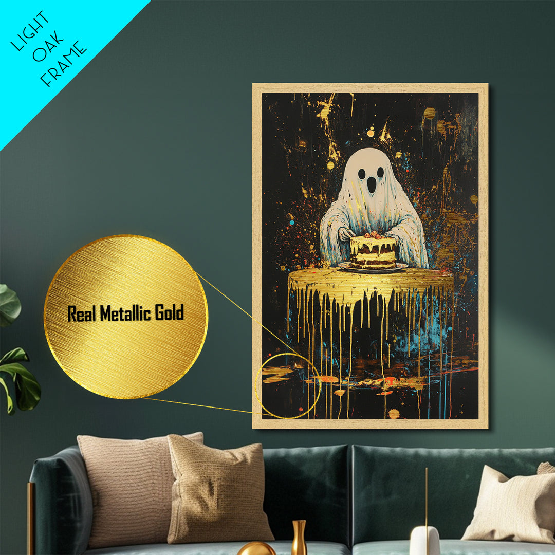 Ghost with Cake Metallic Gold Art, Playful Haunted Party Metal Art for Halloween Décor, with handcrafted real wood frame