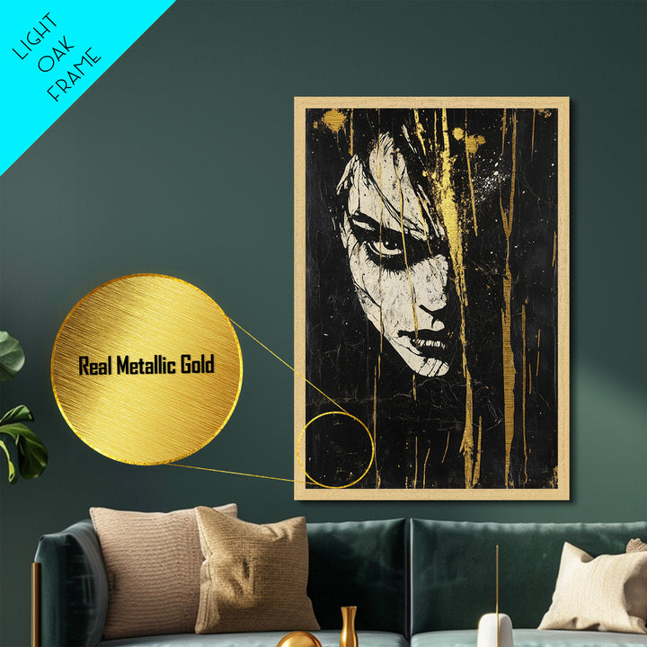 Creepy Female Portrait Metallic Gold Art, Dark Gothic Face Metal Art for Spooky Home Décor, in solid real wood framing