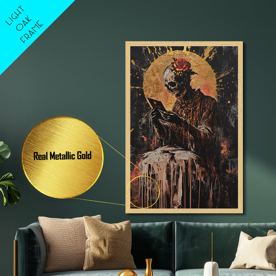 Skeleton with Rose Metallic Gold Art, Gothic Undead Metal Art with Horror Vibes for Halloween Wall Décor, real wood frame included