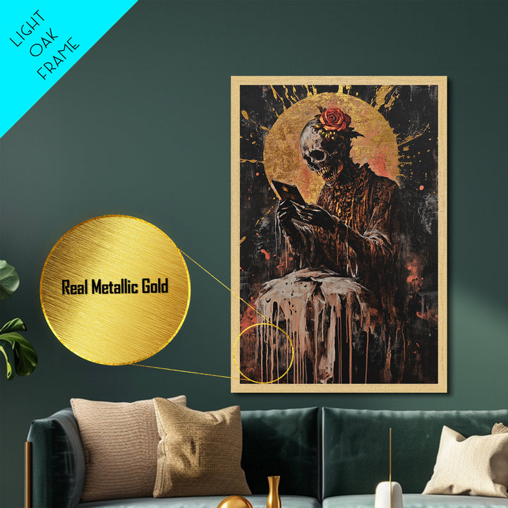 Skeleton with Rose Metallic Gold Art, Gothic Undead Metal Art with Horror Vibes for Halloween Wall Décor, real wood frame included