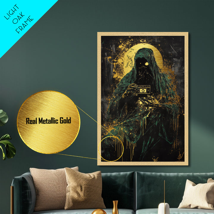 Dark Phantom Photographer Metallic Gold Art, Creepy Haunted Camera Metal Art with Gothic Horror Vibe, real wood frame