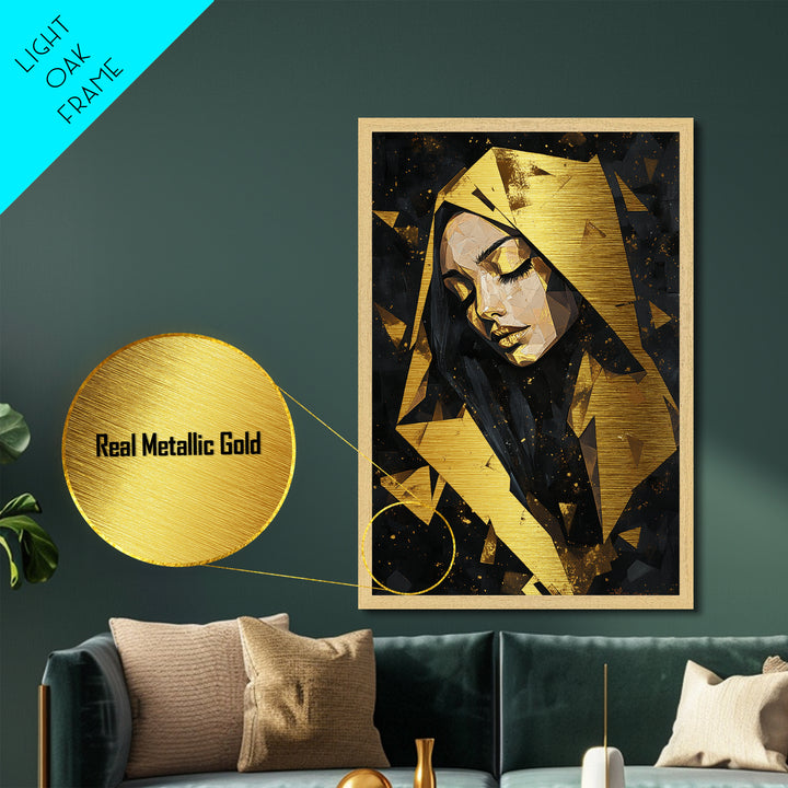 Geometric Hooded Woman Metallic Gold Art, Gothic Polygon Spooky Season Metal Art with Witchy Aesthetic, framed in wood