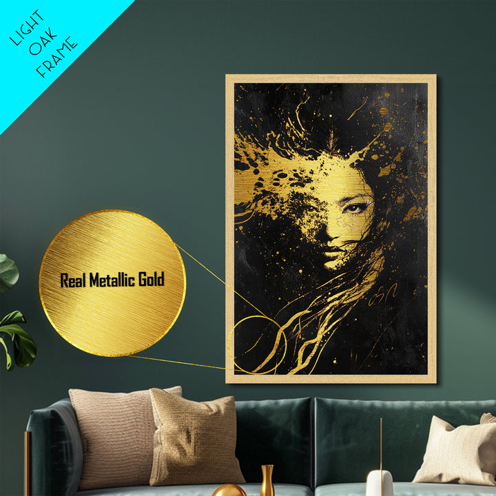 Splattered Witch Face Metallic Gold Art, Haunted Abstract Portrait Metal Art for Halloween Horror Vibes, real wood framing