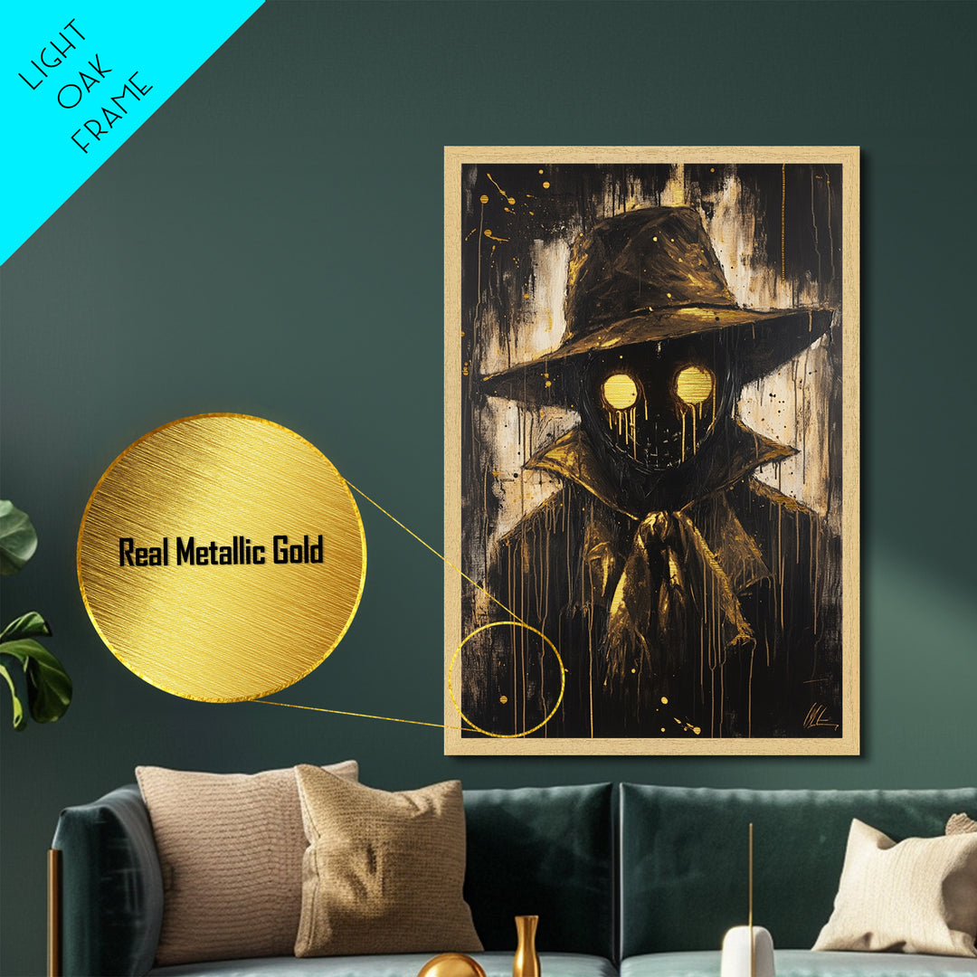 Creepy Scarecrow with Glowing Eyes, Gothic Metallic Gold Art, Horror Halloween Metal Art in Natural Real Wood Frame