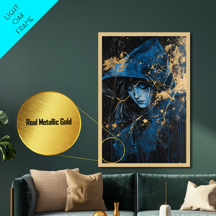Witchy Hooded Woman in Blue, Metallic Gold Art, Gothic Spooky Season Metal Art on Canvas Framed in Authentic Real Wood