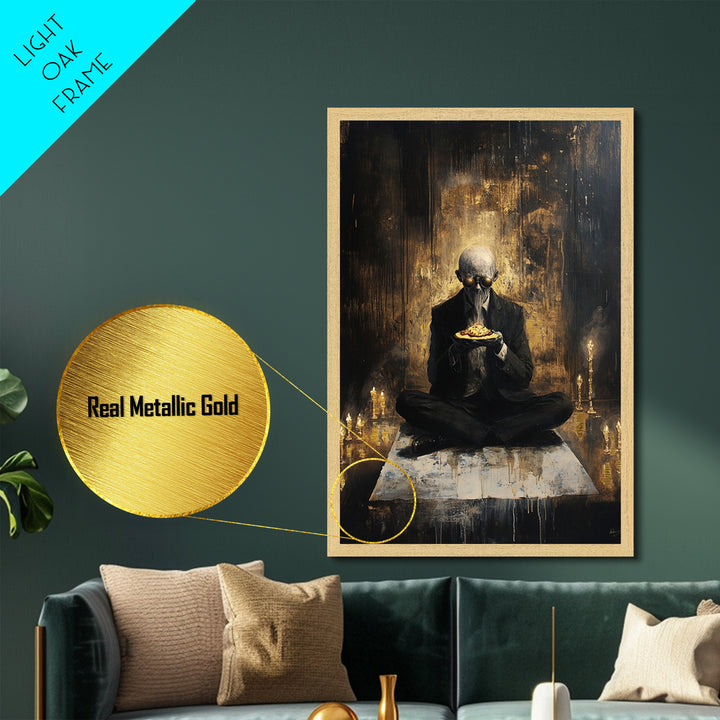 Surreal Masked Occult Figure with Pizza, Creepy Gothic Metallic Gold Art, Spooky Metal Art framed in real wood décor