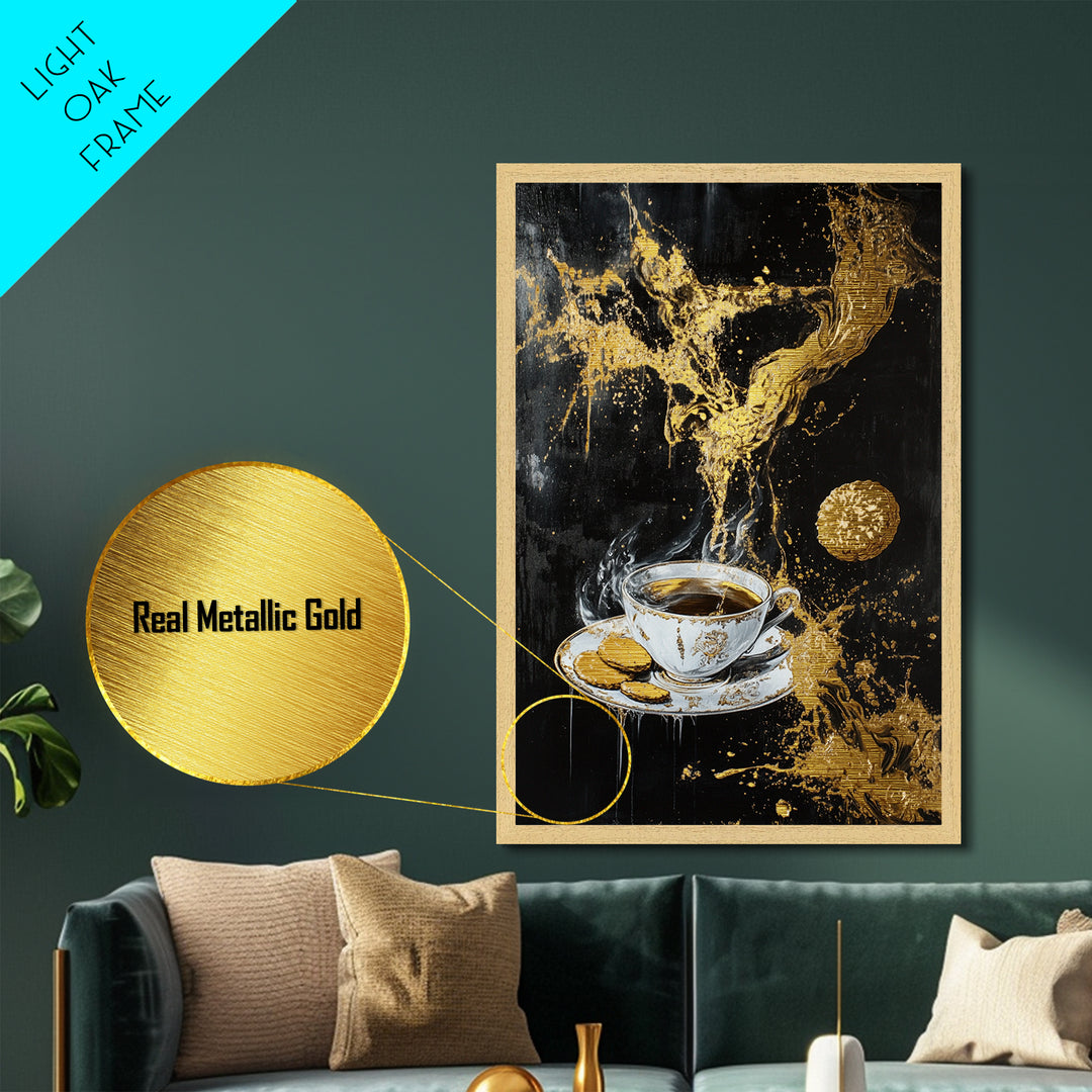 Haunted Coffee and Cookies Scene, Metallic Gold Art, Spooky Kitchen Witch Metal Art with Real Wood Frame Halloween Decor
