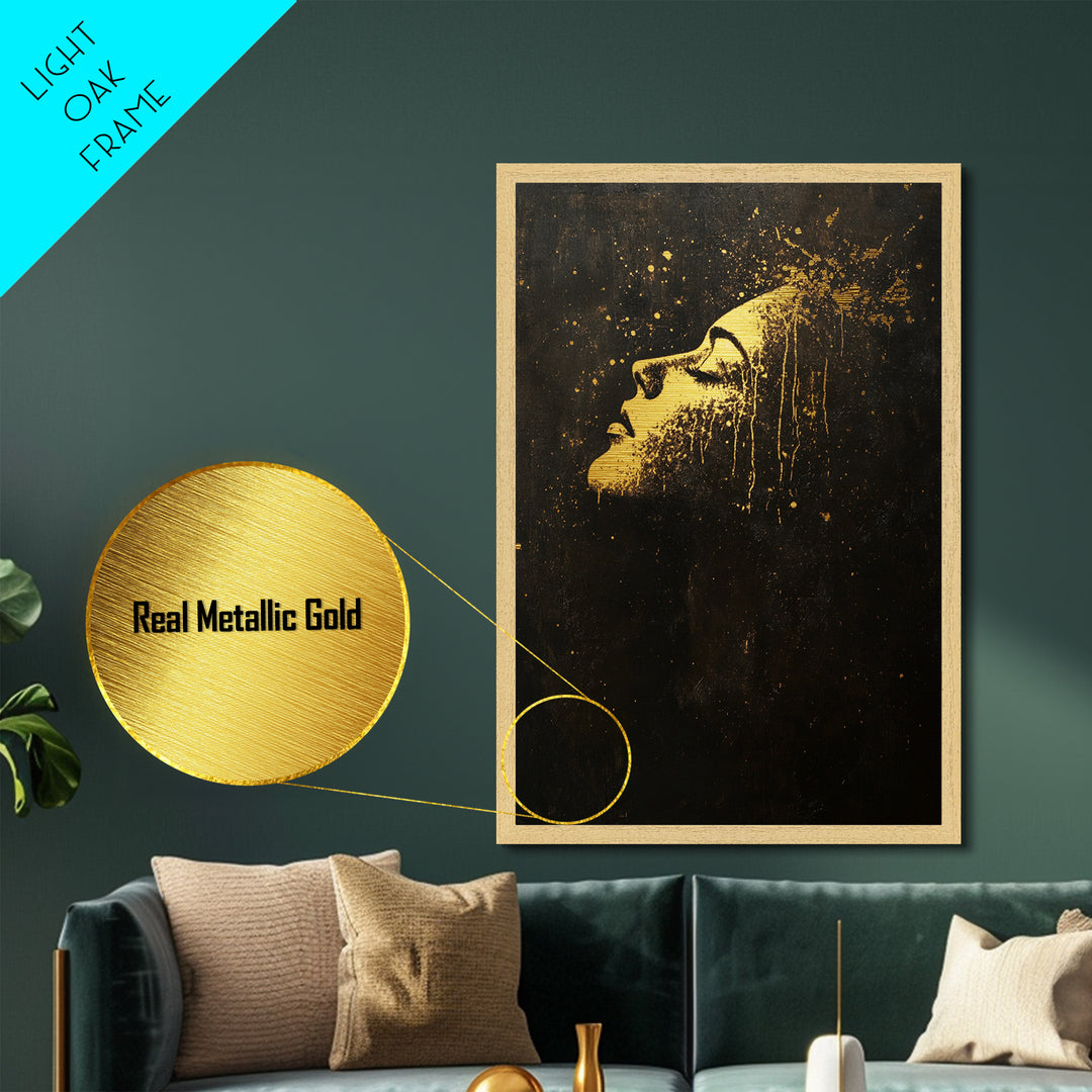 Golden Face in Darkness Abstract, Metallic Gold Art, Spooky Gothic Metal Art Halloween Wall Hanging with Real Wood Framing