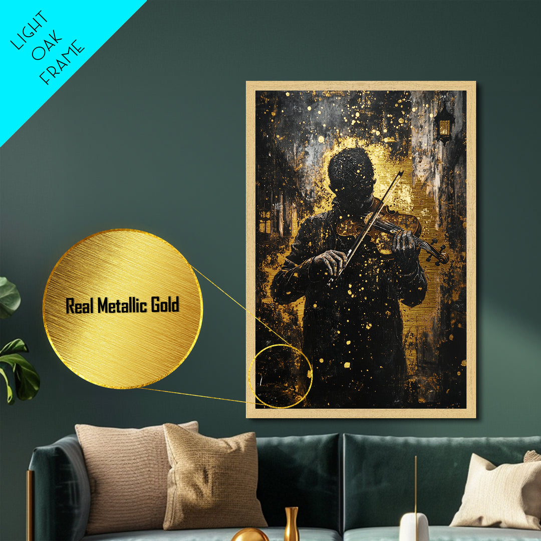Creepy Violinist in the Shadows, Metallic Gold Art, Haunted Musician Spooky Season Metal Art Framed with Natural Wood