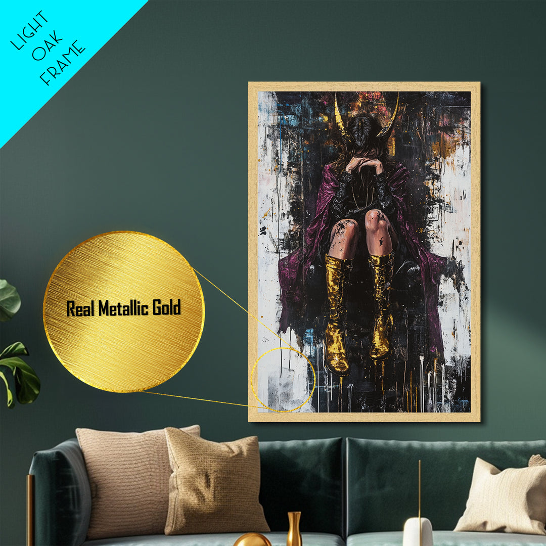 Dark Gothic Woman with Golden Horns, Metallic Gold Art, Spooky Halloween Witch Metal Art in Real Wood Frame Wall Hanging