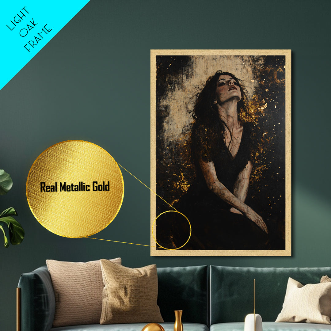 Mystical Black Dress Portrait, Metallic Gold Art, Gothic Spooky Horror Metal Art Wall Decor with Real Wooden Frame