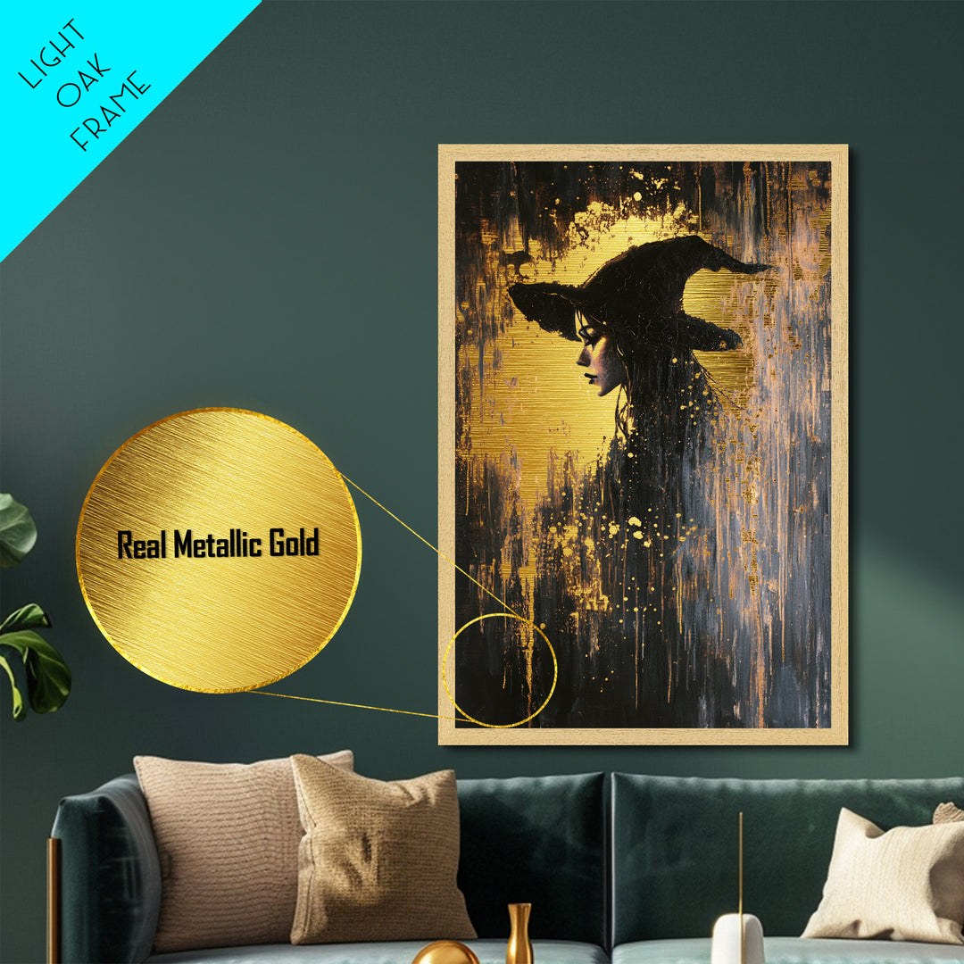 Witch Hat Halloween Portrait, Metallic Gold Art, Spooky Season Gothic Witch Metal Art Framed in Rustic Real Wood