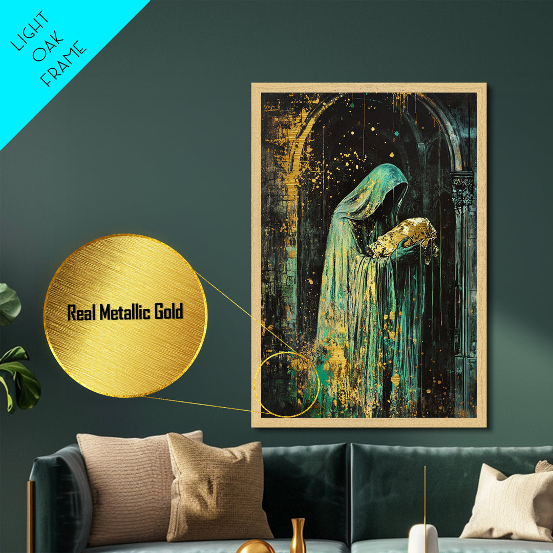 Hooded Phantom with Golden Baby Metallic Gold Art, Creepy Gothic Priest Metal Art in Natural Wood Frame for Halloween
