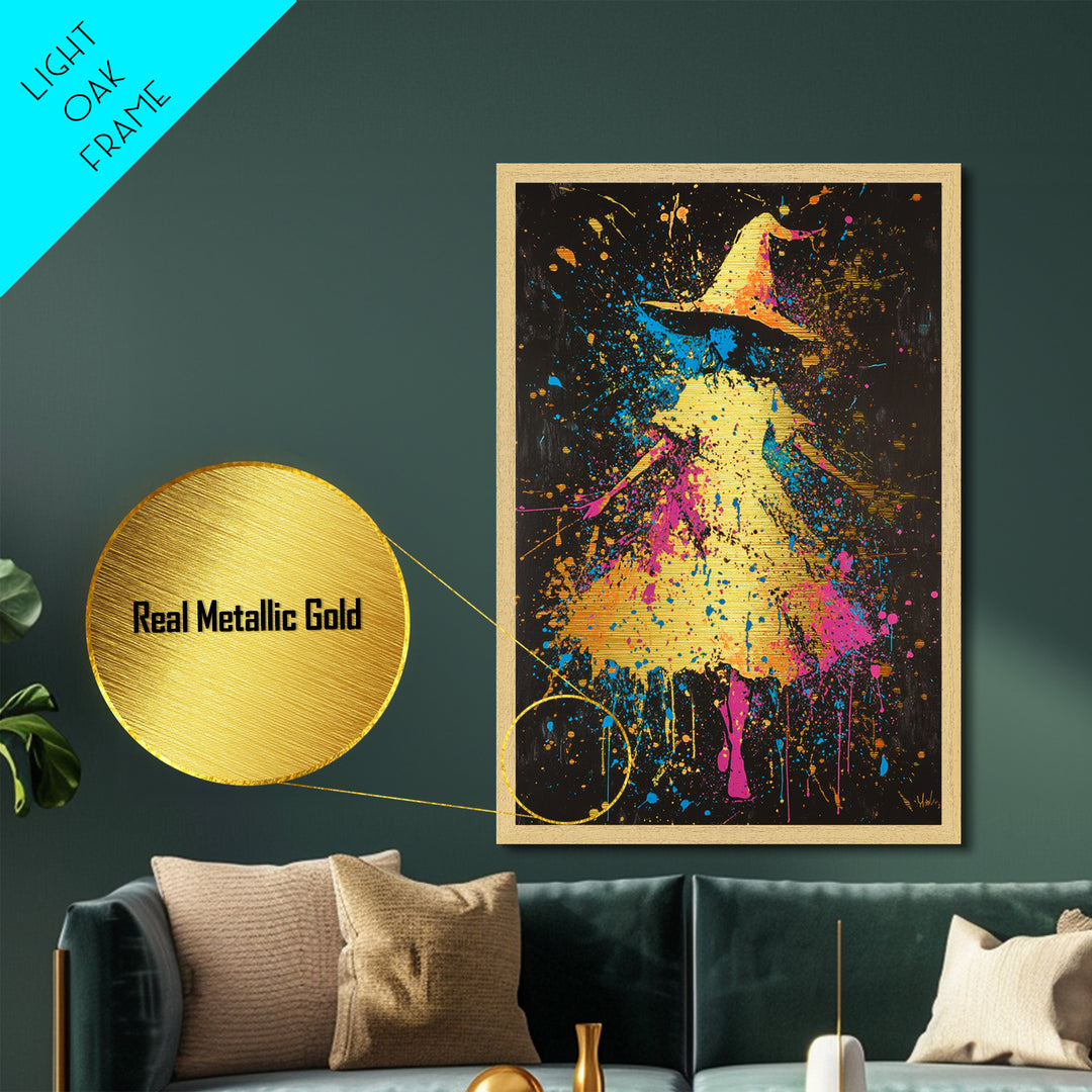 Neon Witch Hat Metallic Gold Art, Psychedelic Spooky Metal Art Print with Real Wood Frame, Vibrant Halloween Wall Decor
