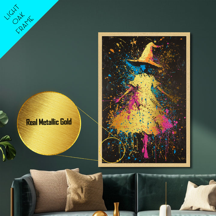 Neon Witch Hat Metallic Gold Art, Psychedelic Spooky Metal Art Print with Real Wood Frame, Vibrant Halloween Wall Decor