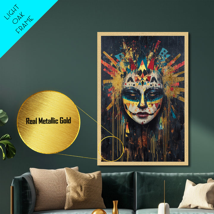 Tribal Skull Mask Metallic Gold Art, Spooky Witchy Horror Portrait Metal Art with Real Wood Frame, Gothic Halloween Decor
