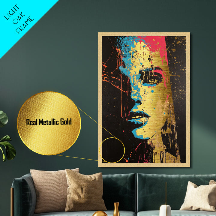Color Splash Haunted Portrait, Bold Spooky Pop Art Face in Metallic Gold Art, Gothic Season Metal Art with wood frame