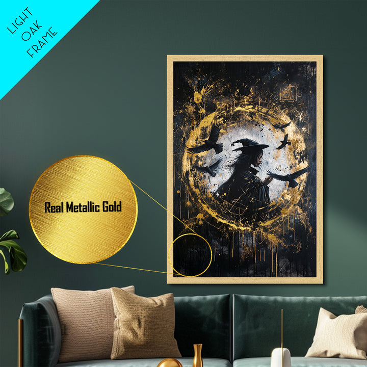 Witch Surrounded by Crows Metallic Gold Art, Haunted Circle Spell Metal Art, Halloween Gothic Decor with Framed Wood Finish